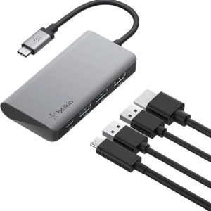 Belkin USB C 4 in 1 MultiPort Adapter with 4K HDMI, 100W PD Pass Through Charging, 2 x A Ports for MacBook Pro, Air, iPad XPS and More, GRAY