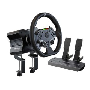 MOZA R5 All in One PC Gaming Racing Simulator 3PCS Bundle 5 5Nm Direct Drive Wheel Base 11 inch Racing Wheel Anti Slip Pedals and a Desk Clamp Cloud based App Control