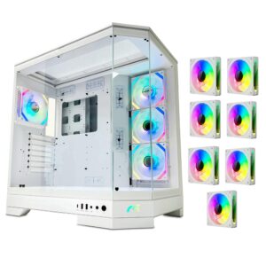 Tortox Prism Triple Glass Panel ATX/M ATX Gaming PC Case with 7 ARGB PWM Fans, Type C USB Port, Supports 360MM Radiator, 7 Expansion Slot, Included GPU stand PC Case WHITE